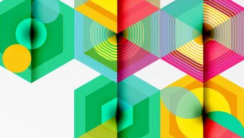 Abstract geometric pattern. Hexagons, circles overlap creating vibrant visual Stock Illustration