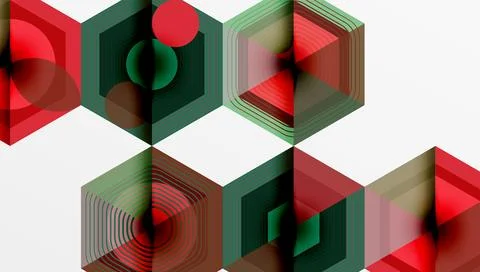 Abstract geometric pattern. Hexagons overlap, creating layered red, green, gray Stockillustratie