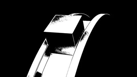Abstract geometric pattern with metal arc and rolling 3D cube on a black 스톡 일러스트