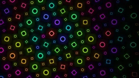 Abstract Geometric Pattern with Neon Glow Circles and Squares on Dark Background イラスト素材
