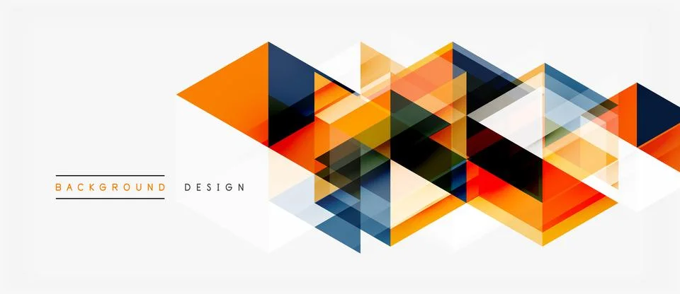 Abstract geometric pattern. Orange, blue, gray triangles overlap creating 스톡 일러스트