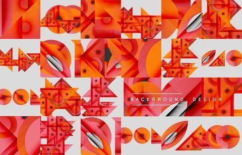 Abstract geometric pattern. Orange, red hues dominate design. Shapes overlap, Stock Illustration