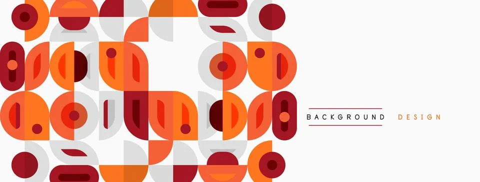 Abstract geometric pattern. Orange, red circles, rectangles overlap creating 스톡 일러스트