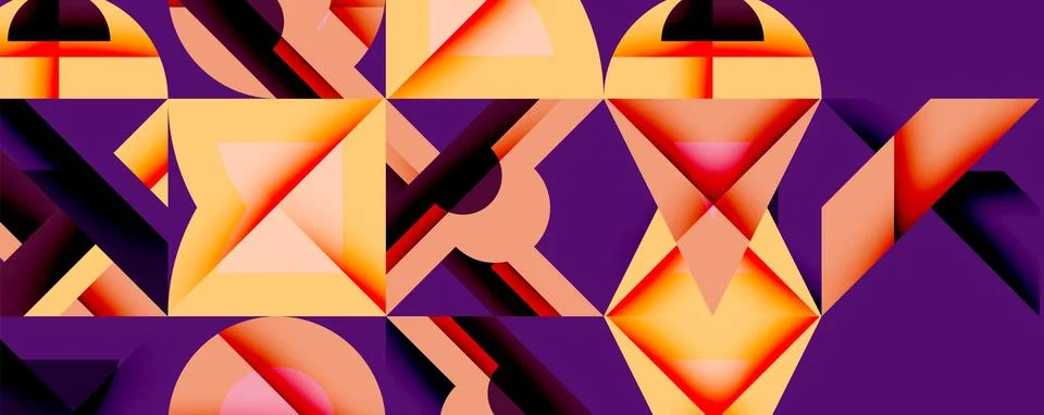 Abstract geometric pattern. Orange, yellow shapes contrast purple background. Stock Illustration