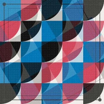 Abstract geometric pattern with overlapping circles and squares in blue red.. Stock Illustration