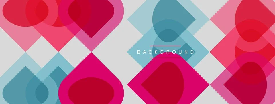Abstract geometric pattern. Overlapping squares, circles, pink, blue, yellow Stock Illustration