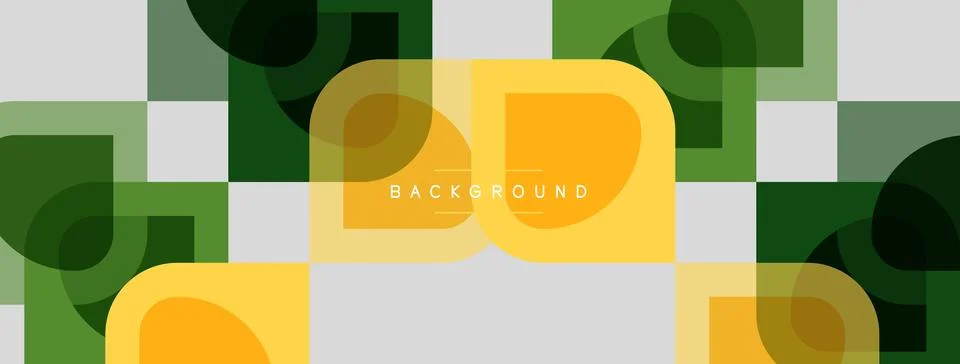 Abstract geometric pattern. Overlapping squares, circles, yellow, green hues Stock Illustration