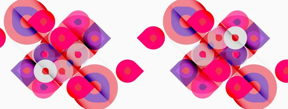 Abstract geometric pattern. Pink, purple circles, squares overlap creating Illustrazione stock