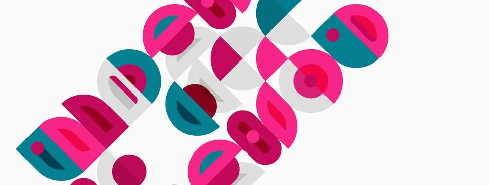 Abstract geometric pattern. Pink, teal, gray circles overlap white background Stock Illustration