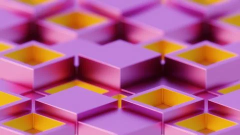 Abstract Geometric Pattern with Purple and Yellow 3D Cubes.. Stock Illustration