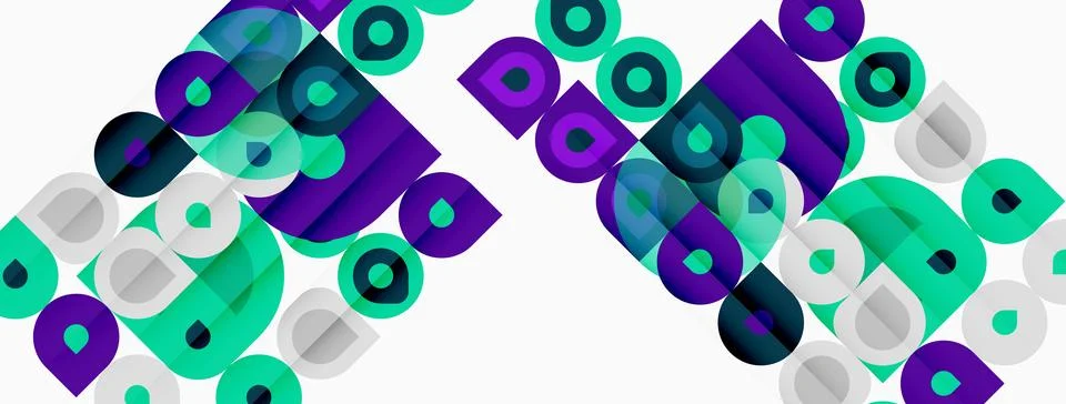 Abstract geometric pattern. Purple, green circles, squares overlap white 스톡 일러스트