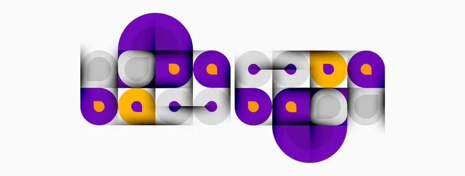Abstract geometric pattern. Purple, orange shapes overlap white background. Stock Illustration