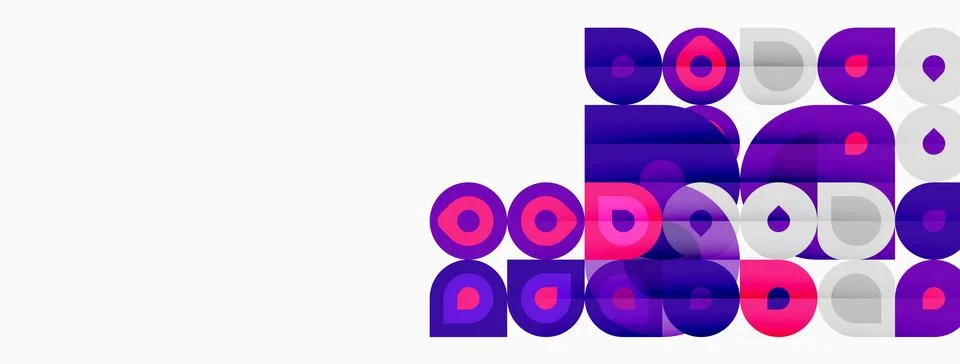 Abstract geometric pattern. Purple, pink circles, squares overlap white 스톡 일러스트