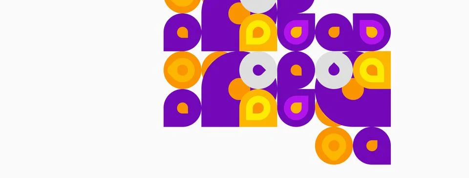 Abstract geometric pattern. Purple, yellow circles, squares create playful Illustrazione stock