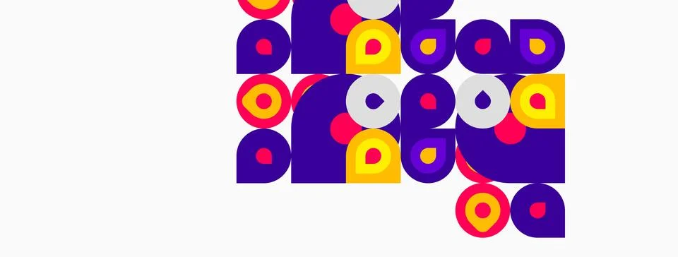 Abstract geometric pattern. Purple, yellow, white circles, squares create Stockillustratie