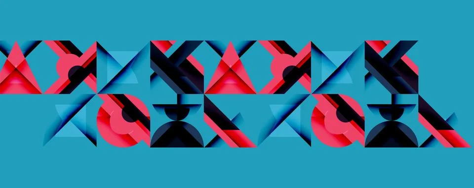 Abstract geometric pattern. Red, black, cyan shapes repeat creating dynamic Stock Illustration