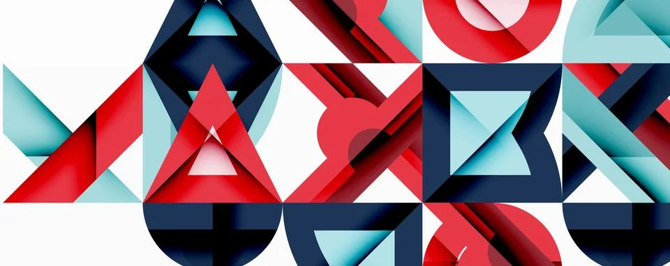 Abstract geometric pattern. Red, blue, cyan shapes overlap creating dynamic Stock Illustration