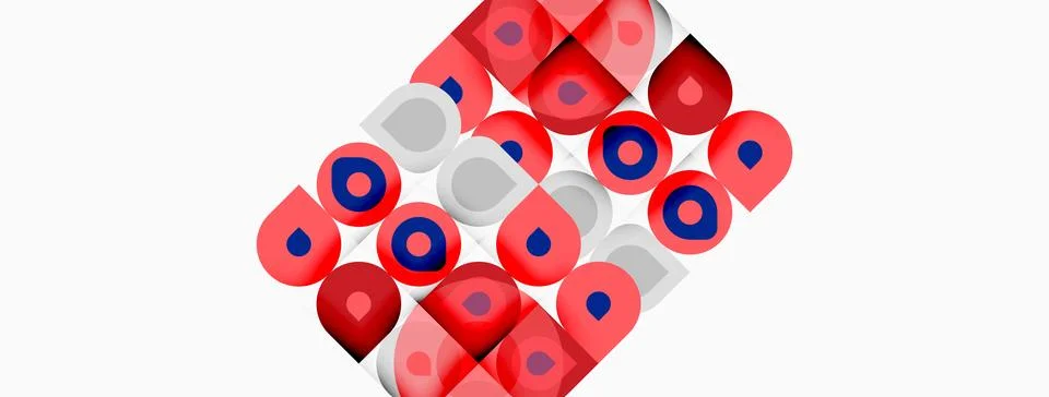 Abstract geometric pattern. Red, blue circles overlap gray squares. Minimalis Stock Illustration