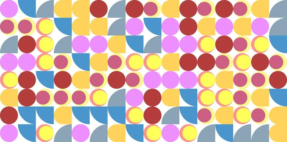 Abstract geometric pattern with red, yellow, pink, blue, and gray circles and Illustrazione stock