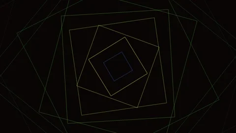 Abstract geometric pattern with rotating colorful square outlines on black Video stock 335117577