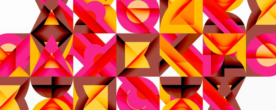 Abstract geometric pattern. Squares, triangles, circles overlap creating vibrant Stock Illustration