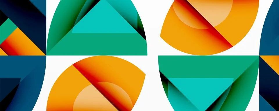 Abstract geometric pattern. Squares, triangles, circles overlap creating vibrant Illustrazione stock