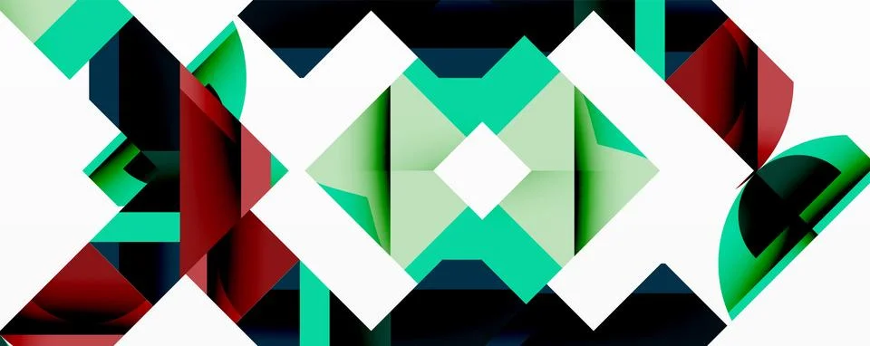 Abstract geometric pattern. Teal, red, white shapes create symmetrical design. Stock Illustration