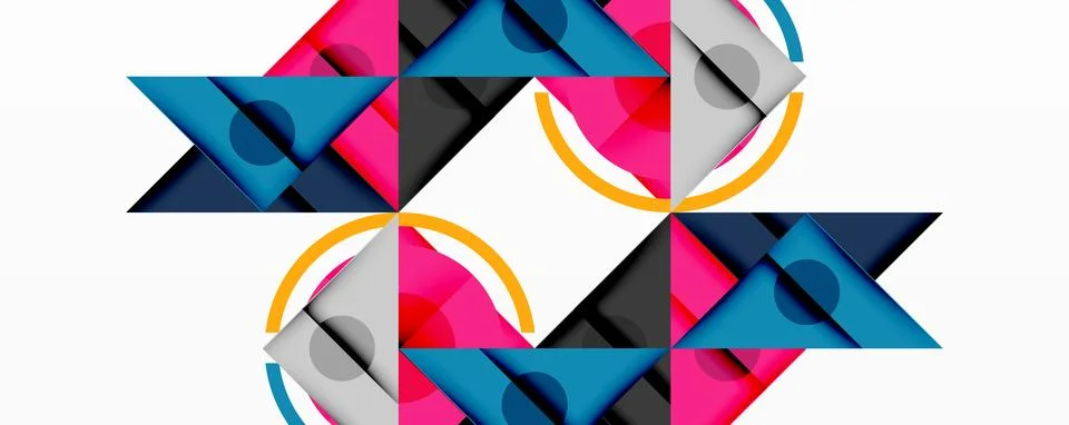 Abstract geometric pattern. Triangles, circles, arcs create symmetrical design. Stock Illustration
