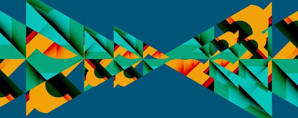 Abstract geometric pattern. Triangles, orange, teal hues create symmetrical Illustrazione stock