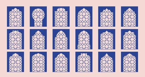 Abstract geometric pattern on windows, arch, arc, frame, door. Floral thin line Stock Illustration