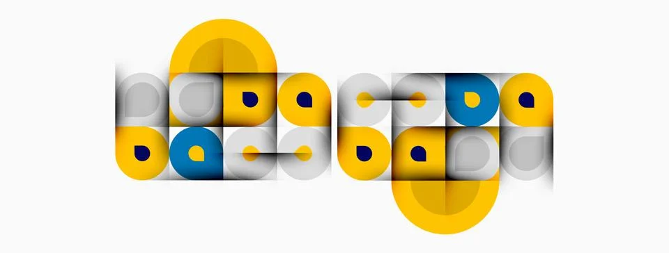 Abstract geometric pattern. Yellow, blue circles overlap gray rectangles. イラスト素材
