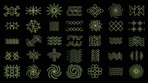 Abstract geometric patterns and shapes set in vibrant green neon lines feat.. Stock Illustration