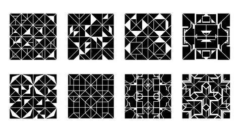 Abstract geometric patterns in black and white overlapping grid designs Illustrazione stock
