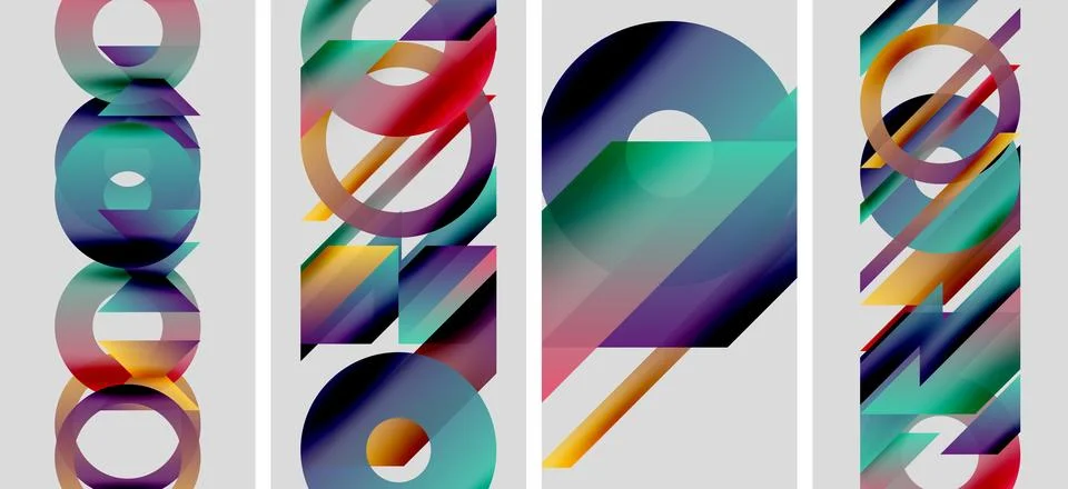 Abstract geometric patterns. Colorful overlapping shapes create dynamic visual Illustrazione stock