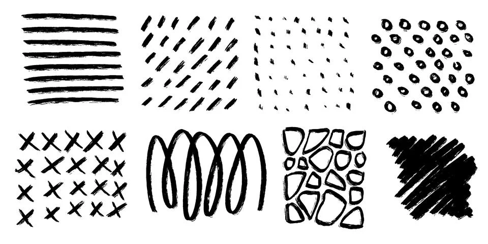 Abstract geometric patterns design with straight brush stroke, dots and bold Stock Illustration