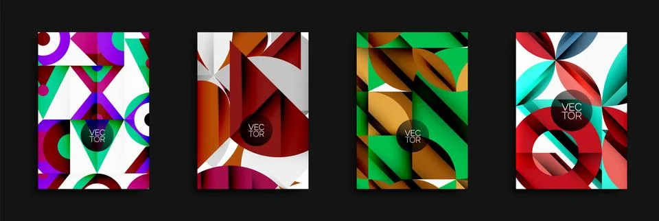 Abstract geometric patterns dominate designs. Vibrant colors, shapes create Stock Illustration