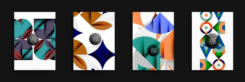 Abstract geometric patterns dominate designs. Vibrant colors, shapes create Stock Illustration