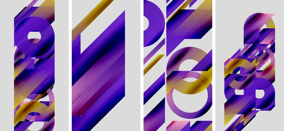 Abstract geometric patterns dominate image. Purple, gold hues create dynamic イラスト素材