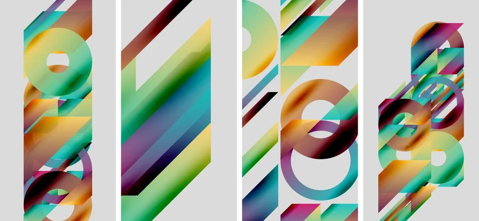 Abstract geometric patterns dominate image. Colorful layers create dynamic Illustrazione stock