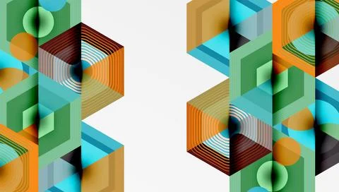 Abstract geometric patterns dominate image. Hexagons, lines create optical Illustrazione stock