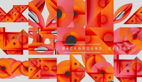 Abstract geometric patterns dominate image. Orange, red hues blend with white Stock Illustration
