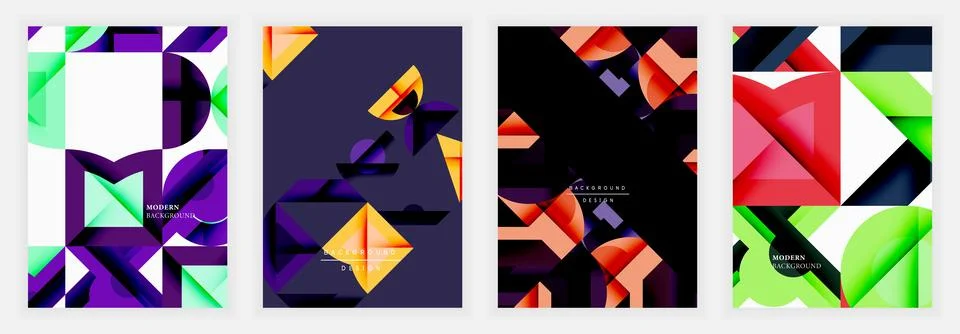 Abstract geometric patterns dominate these vibrant designs. Shapes overlap, Stock Illustration