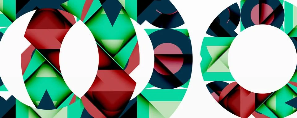 Abstract geometric patterns form circular shapes. Teal, red, white dominate Ilustração Stock