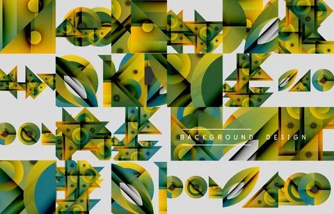 Abstract geometric patterns. Green, yellow, dark blue shapes create dynamic Stock Illustration