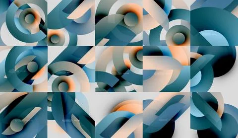 Abstract geometric patterns. Overlapping circles create fluid shapes, gradients, 스톡 일러스트
