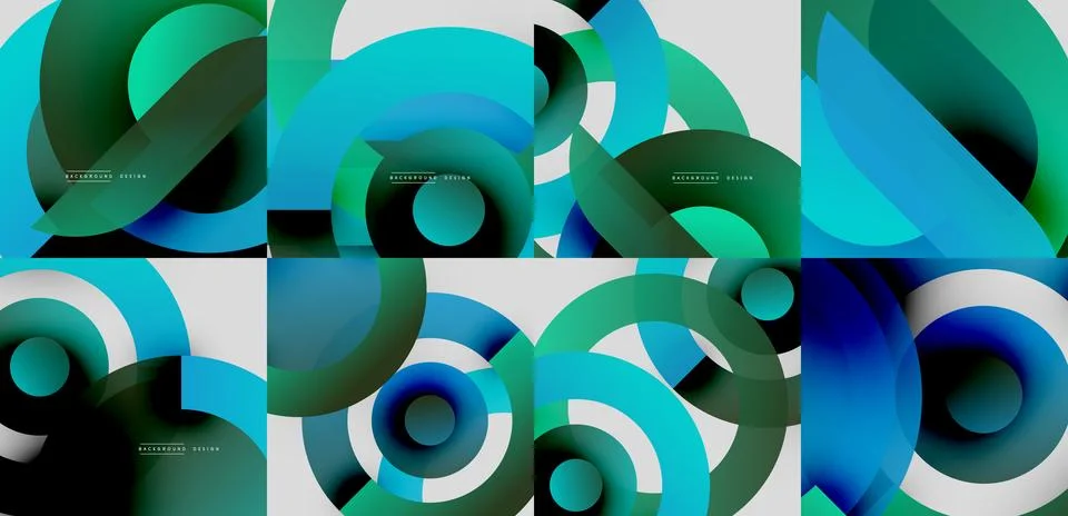 Abstract geometric patterns. Overlapping circles create dynamic gradients, cool Illustrazione stock