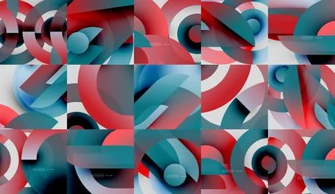 Abstract geometric patterns. Red, blue, white hues blend, creating dynamic Stock Illustration
