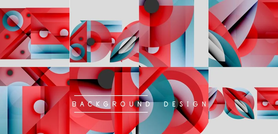 Abstract geometric patterns, red, blue hues. Overlapping circles create dynamic イラスト素材