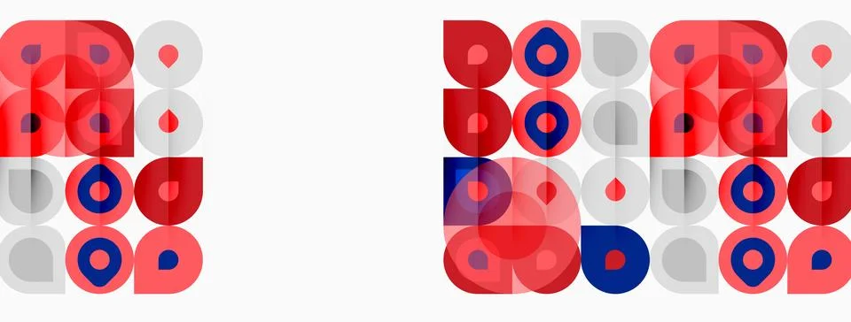 Abstract geometric patterns. Red, blue, gray circles overlap white background Stock Illustration