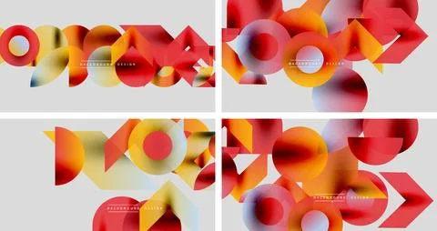 Abstract geometric patterns. Red, orange, blue hues dominate designs. Modern Stock Illustration